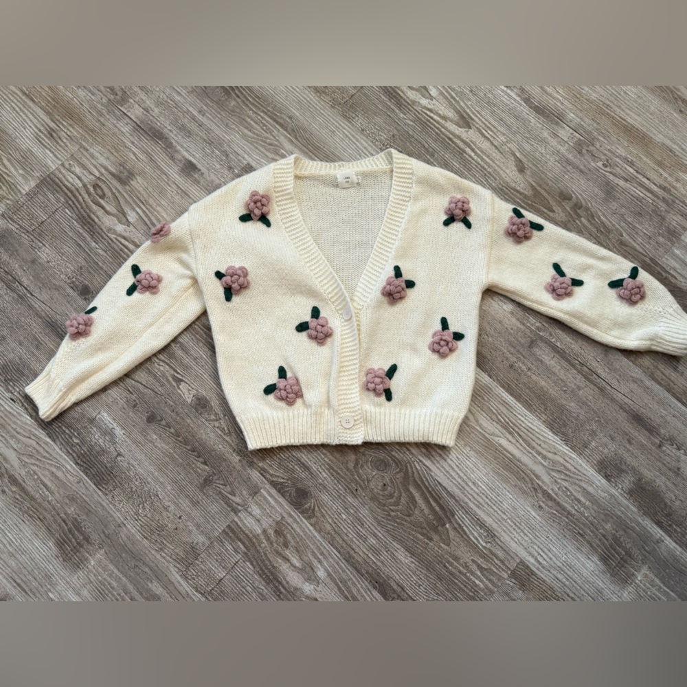 Luna Ivy Cream Colored Cardigan With Pink Flowers-Medium